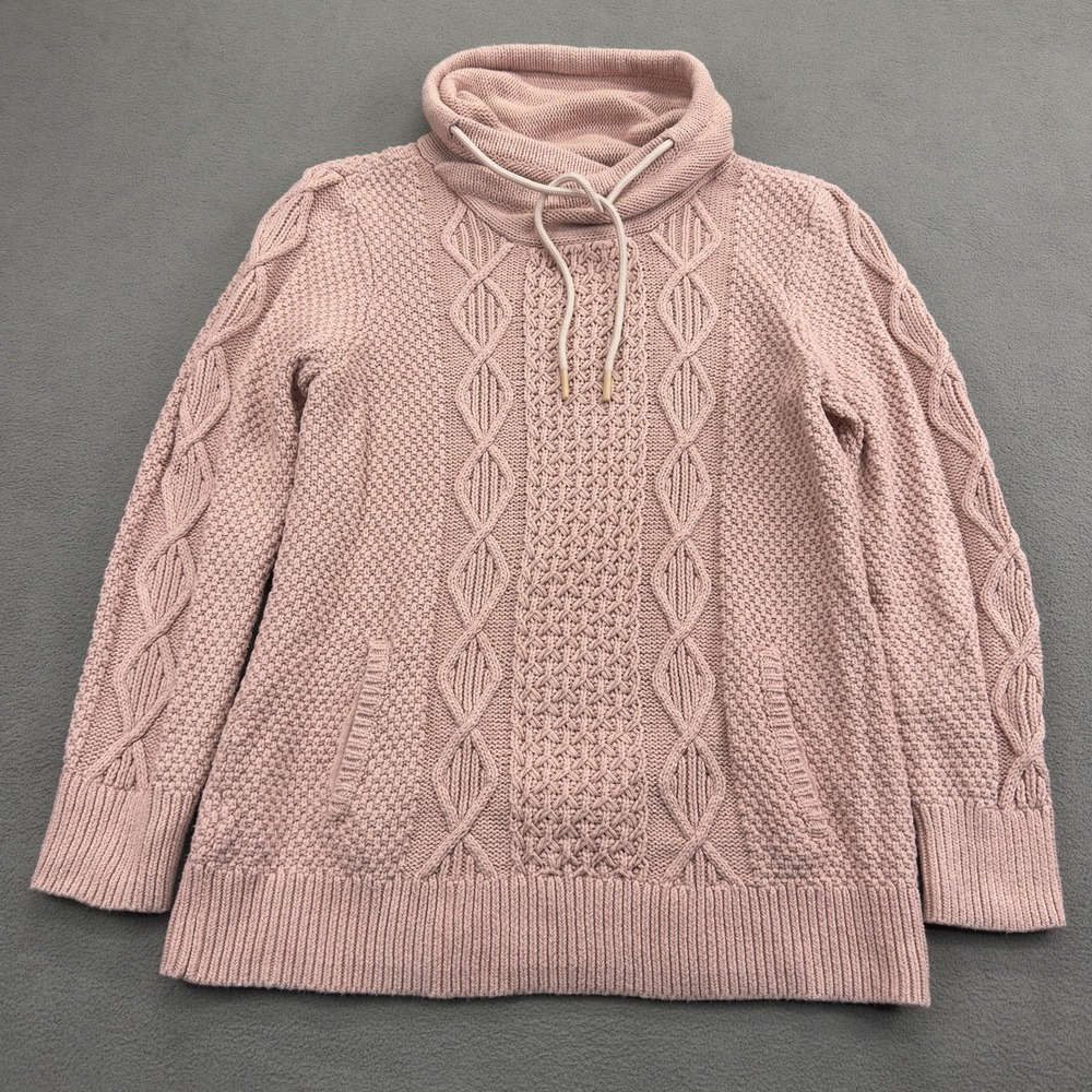 LL Bean Signature Cable Knit Funnelneck Sweater Womens M Pink Cotton Pocket